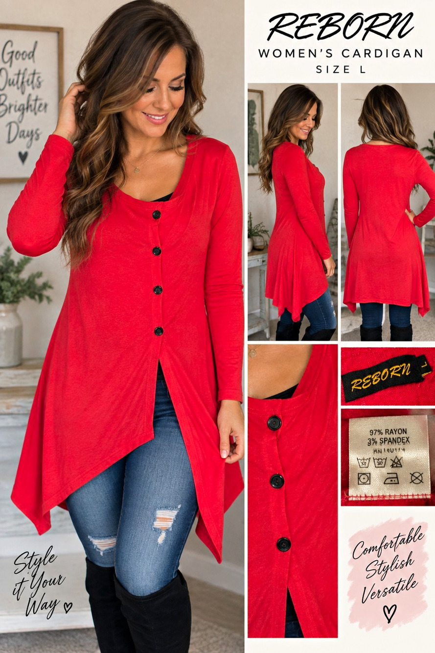 Reborn Women’s Red Cardigan Size L Asymmetrical Button Front Long Sleeve Tunic